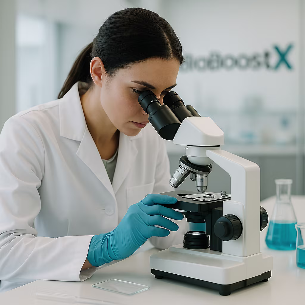 Research scientist examining samples under a microscope in a BioBoostX laboratory environment.